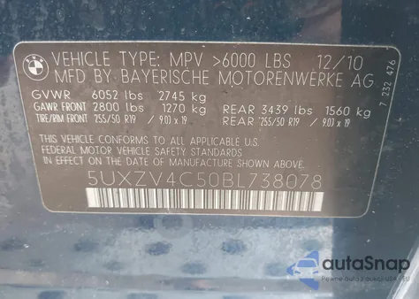 2011 BMW X5 xDrive35I/xDrive35I Premium/xDrive35I Sport Activity из США, поврежденный, VIN 5UXZV4C50BL738078